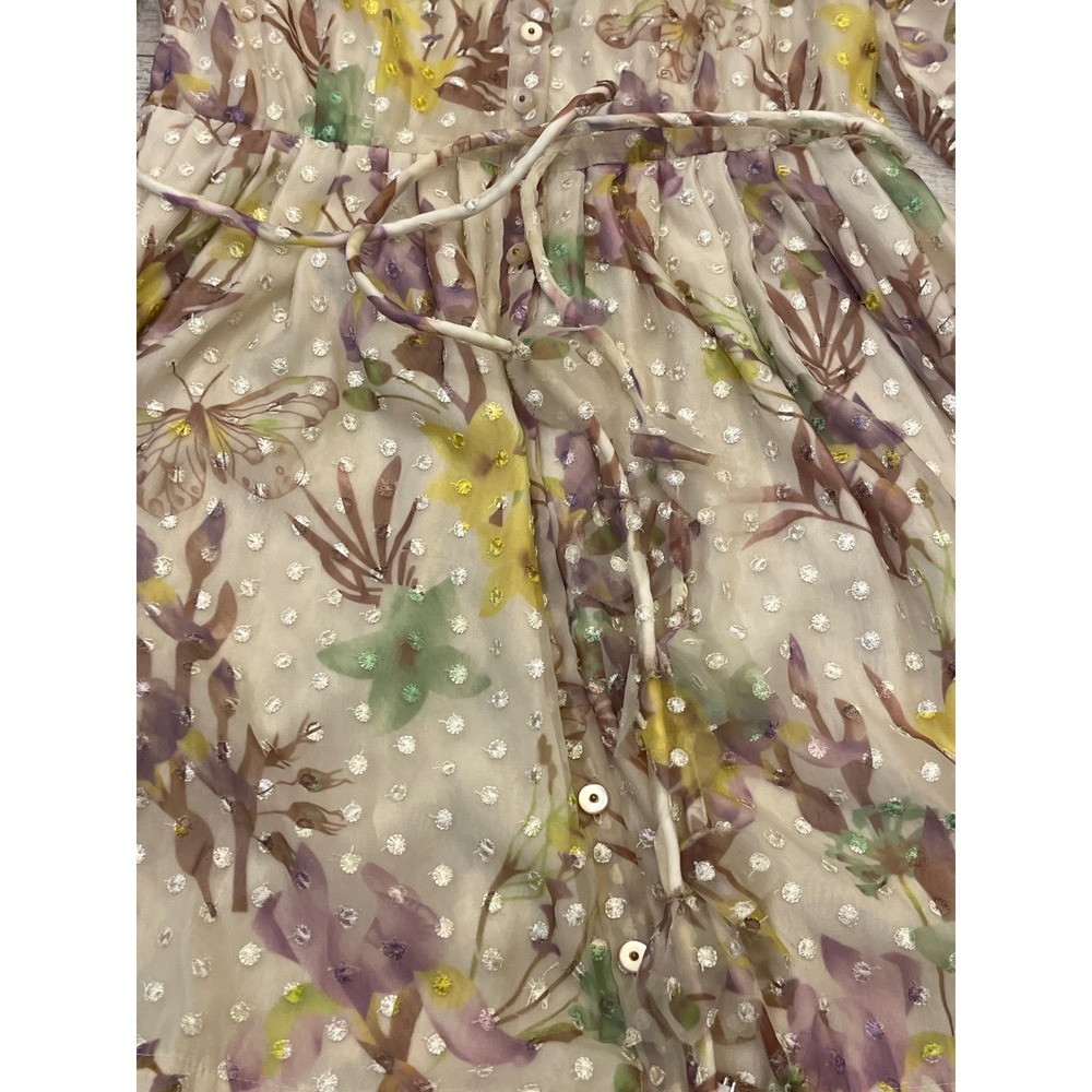 Alexis Floral Print Mini Dress Balloon Sleeve Button Front Tie‎ Waist Sheer - Picture 5 of 11